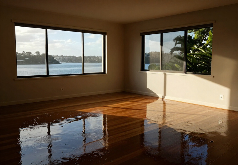Flooded living room in Clemton Park with waterlogged carpet and furniture
