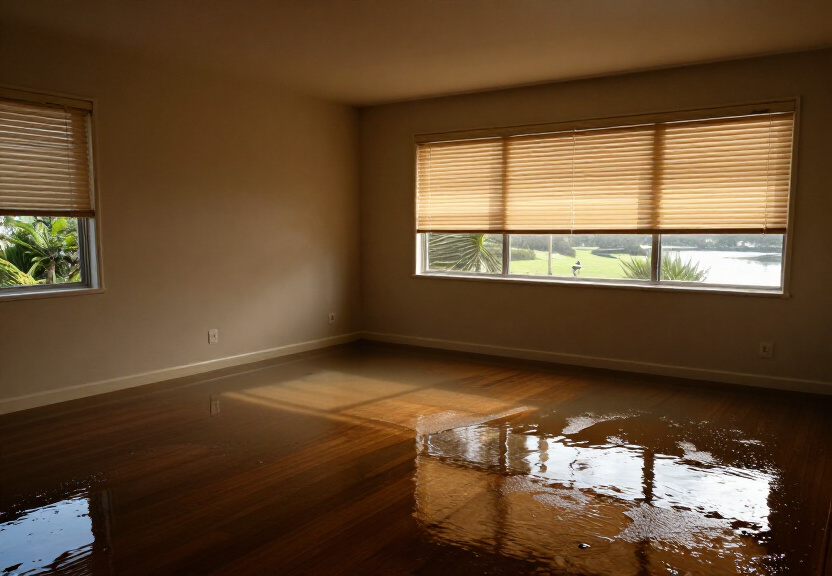 Water-damaged kitchen in Clemton Park with soaked cabinets and peeling flooring